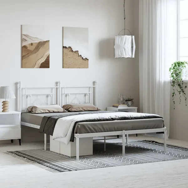 Cadre de lit métal sans matelas et tête de lit blanc 150x200 cm
