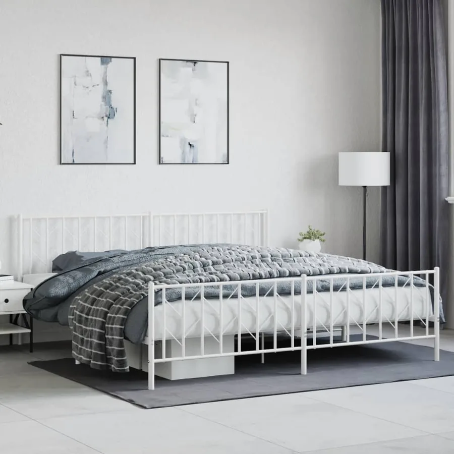 Cadre de lit métal sans matelas et pied de lit blanc 200x200 cm