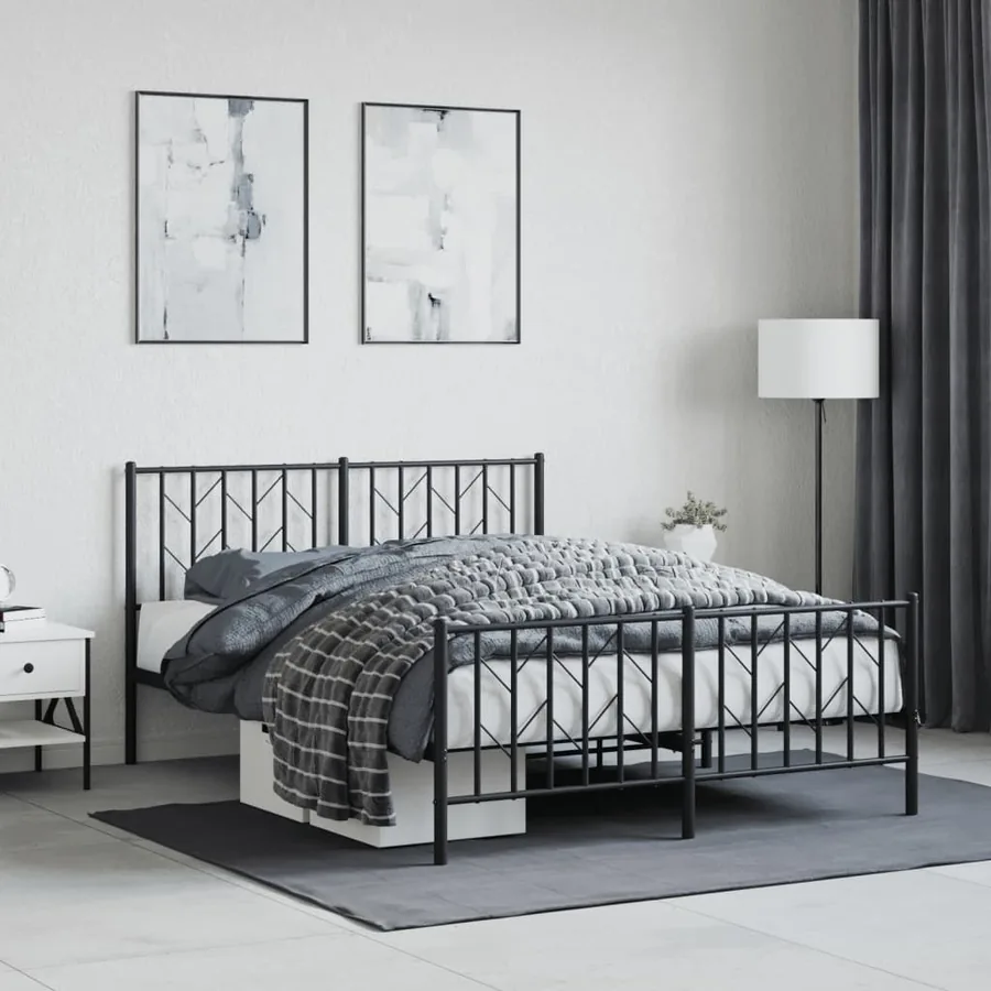 Cadre de lit métal sans matelas avec pied de lit noir 135x190cm