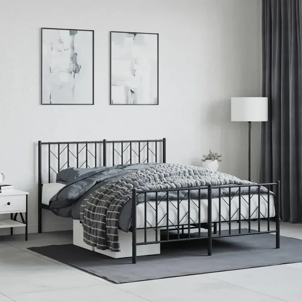 Cadre de lit métal sans matelas avec pied de lit noir 135x190cm