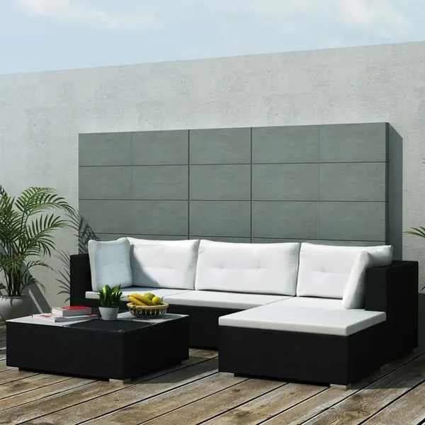 Salon de jardin 5 pcs avec coussins résine tressée noir