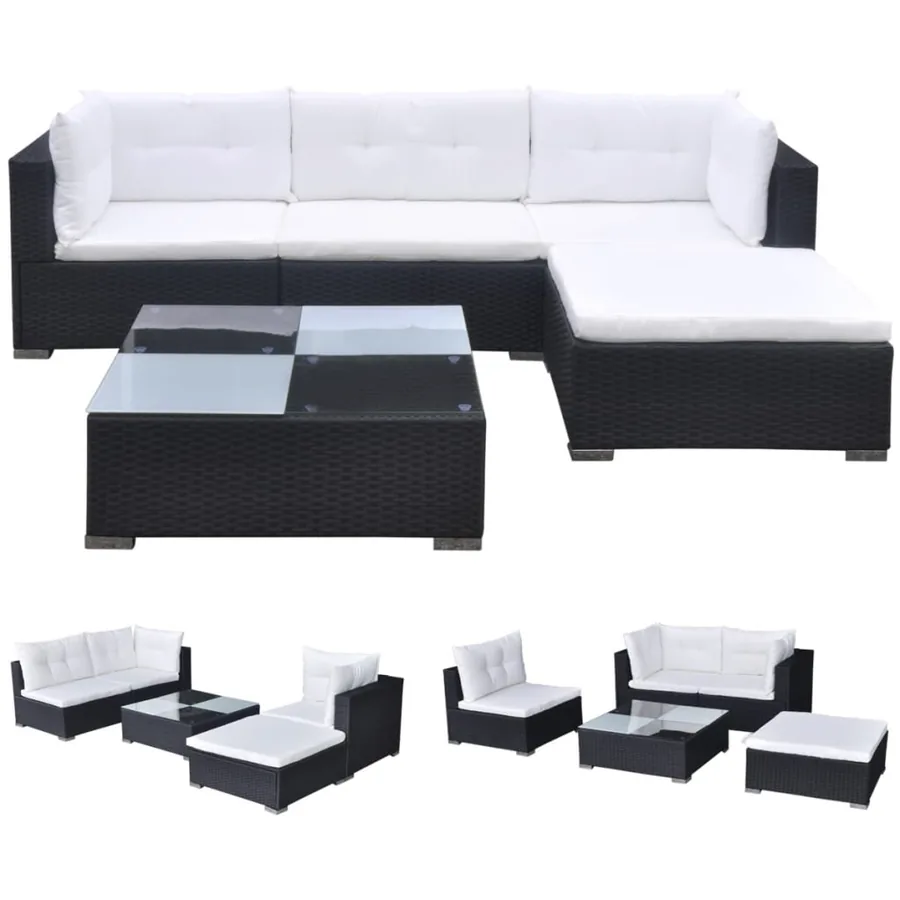 Salon de jardin 5 pcs avec coussins résine tressée noir - 2