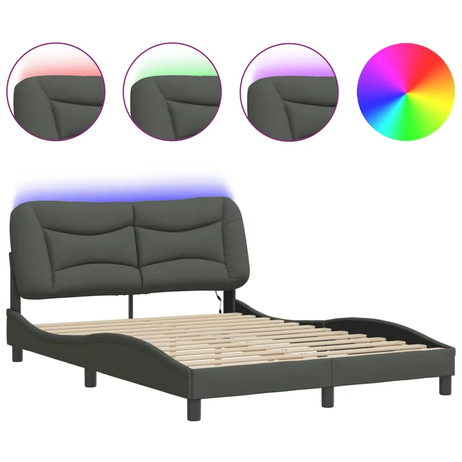 Cadre de lit avec LED sans matelas Hvar gris foncé 140x200 cm tissu - 2