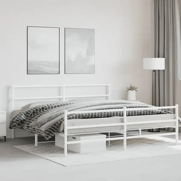Cadre de lit métal sans matelas et pied de lit blanc 193x203 cm