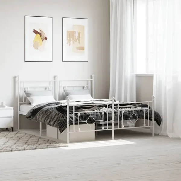 Cadre de lit métal sans matelas et pied de lit blanc 160x200 cm