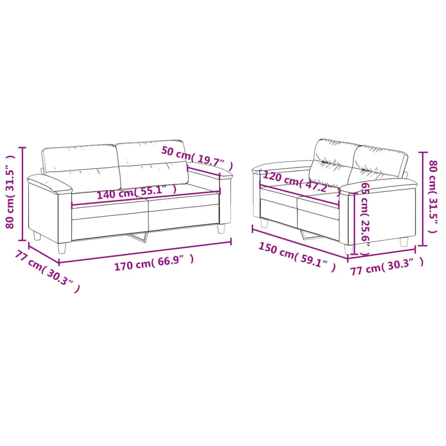 Ensemble de canapés 2 pcs avec coussins noir tissu microfibre - 7