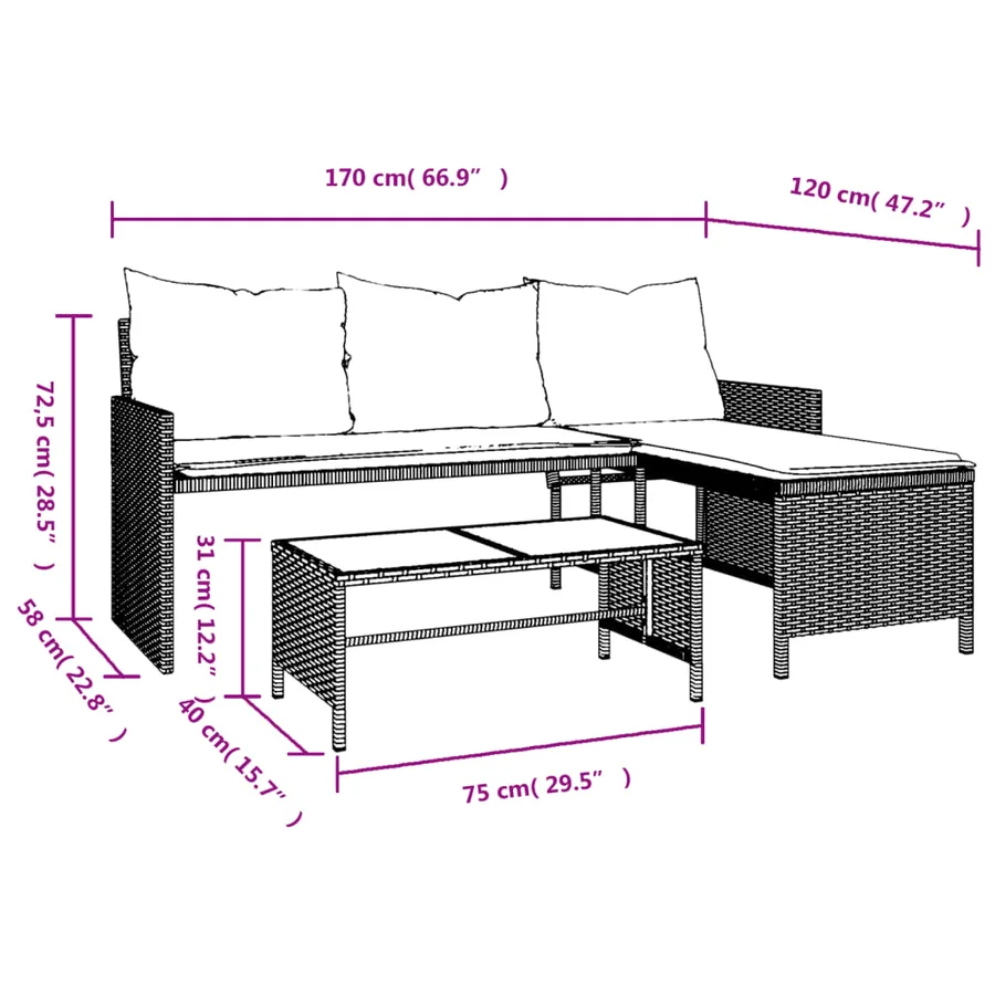 Canapé de jardin avec table et coussins en forme de L gris - 10