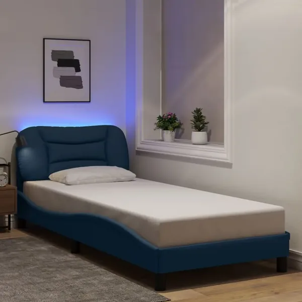 Cadre de lit avec LED sans matelas Hvar bleu 80x200 cm tissu
