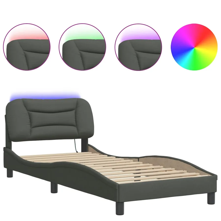 Cadre de lit avec LED sans matelas Hvar gris foncé 80x200 cm tissu - 5