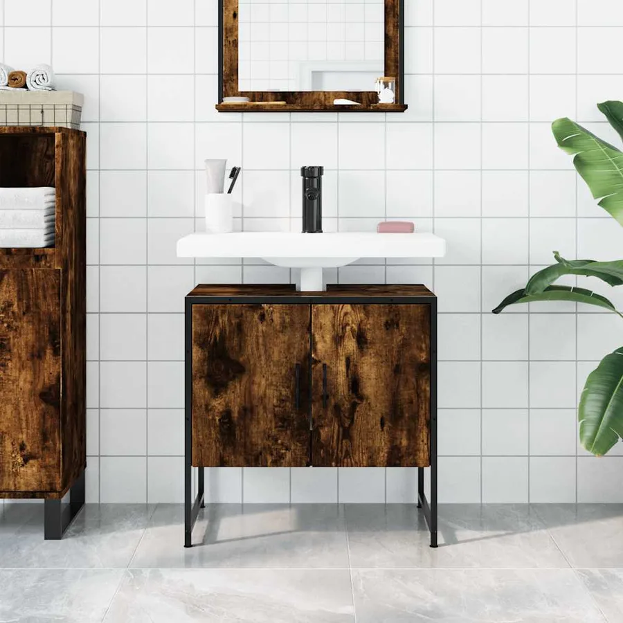 Armoire lavabo de salle de bain chêne fumé 60x33x60 cm - 3