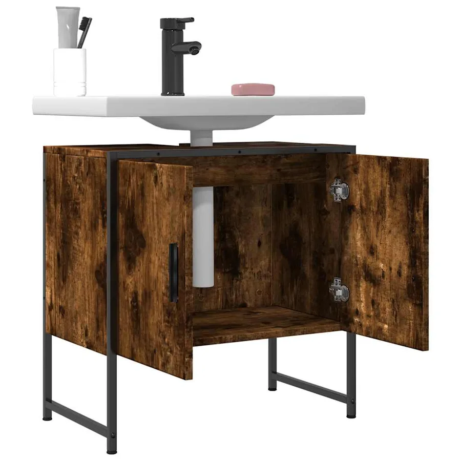 Armoire lavabo de salle de bain chêne fumé 60x33x60 cm - 9