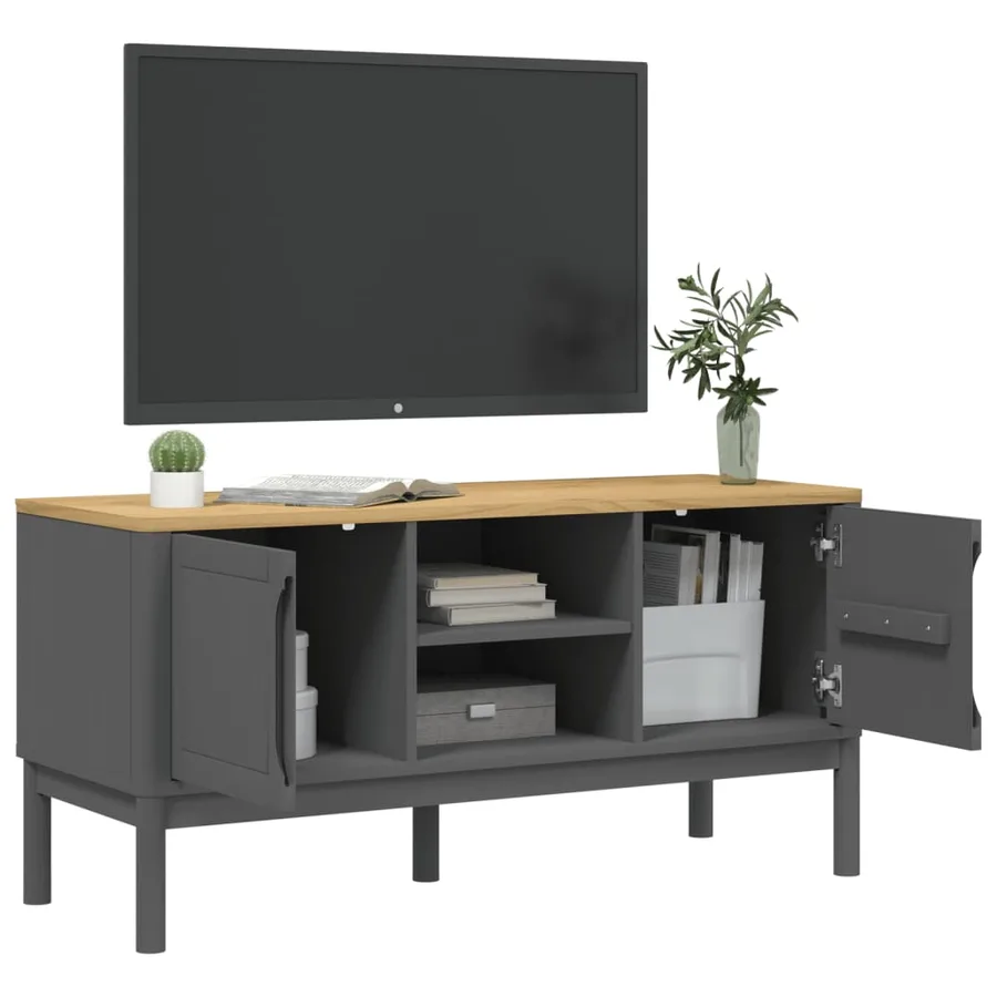 Meuble TV FLORO gris 114x43x55 cm bois massif de pin - 4