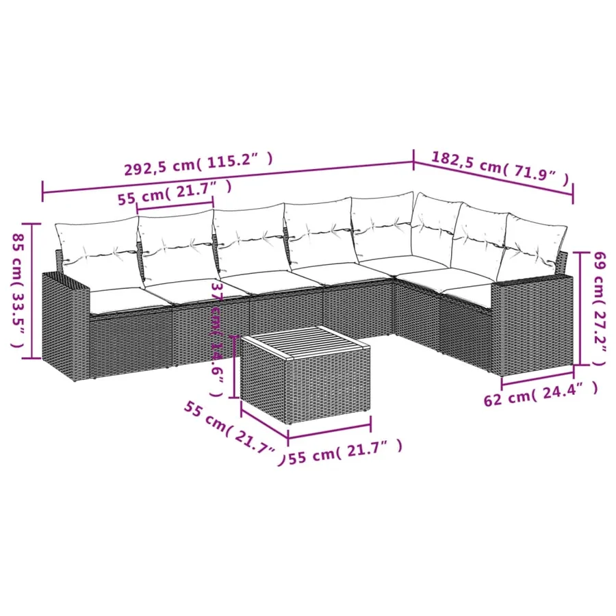 Salon de jardin 8 pcs avec coussins gris résine tressée - 3