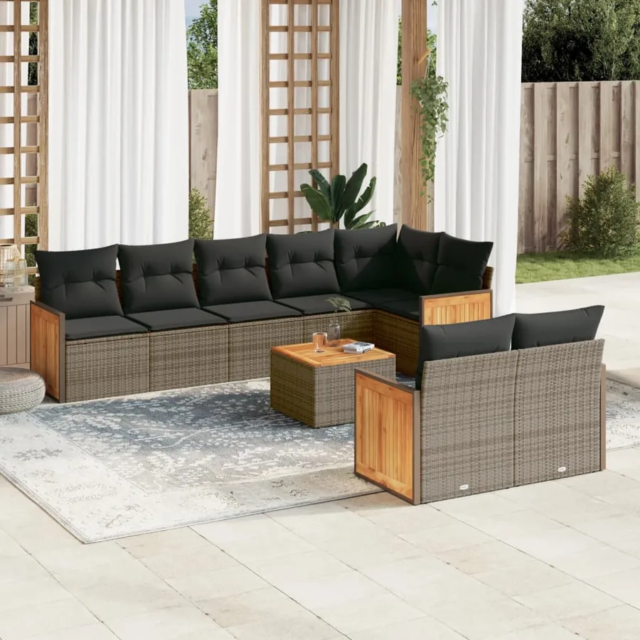 Salon de jardin 9 pcs avec coussins gris résine tressée
