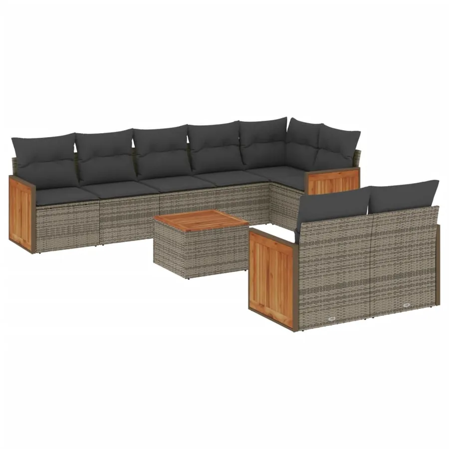 Salon de jardin 9 pcs avec coussins gris résine tressée - 2