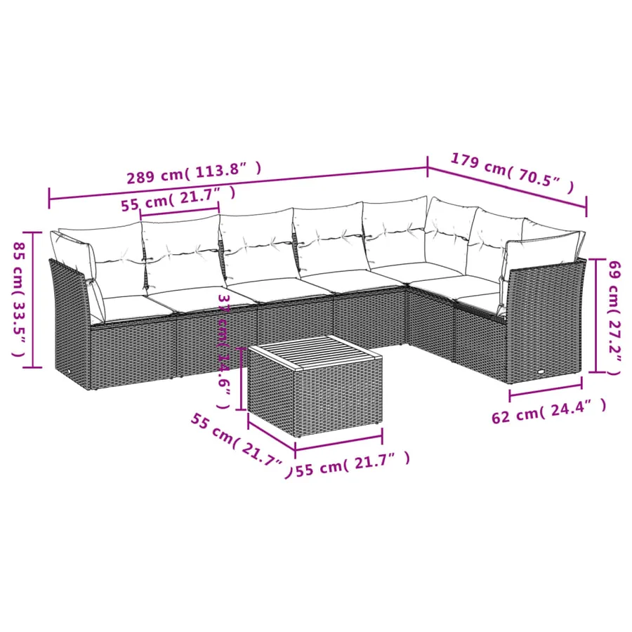 Salon de jardin 8 pcs avec coussins gris résine tressée - 3