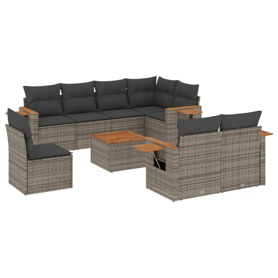 Salon de jardin 9 pcs avec coussins gris résine tressée - 2