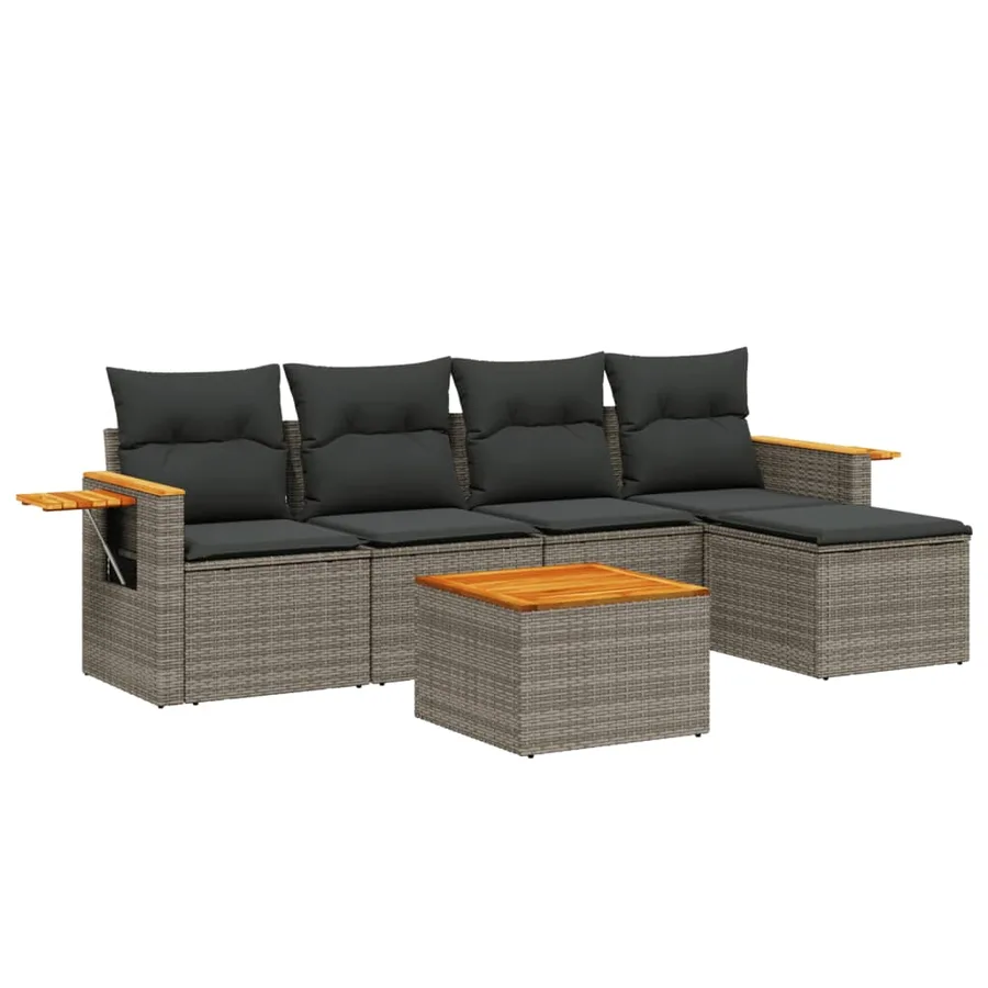 Salon de jardin 6 pcs avec coussins gris résine tressée - 2