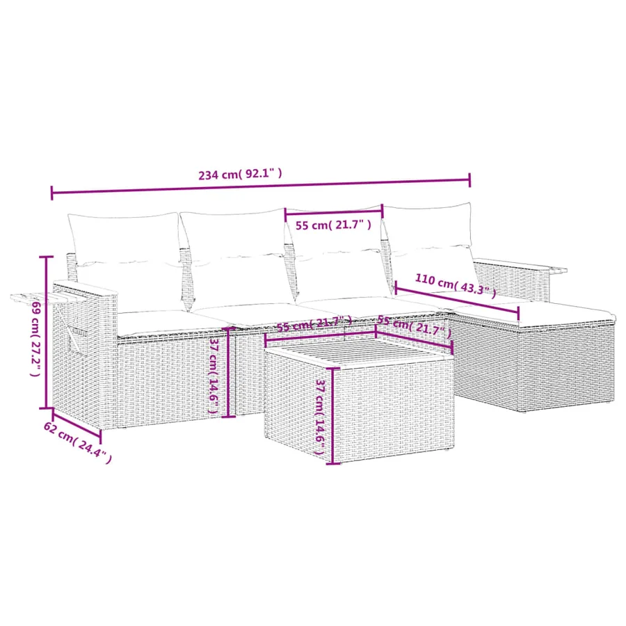 Salon de jardin 6 pcs avec coussins gris résine tressée - 9