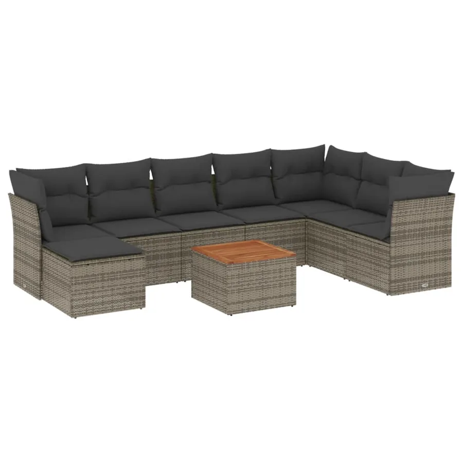 Salon de jardin 9 pcs avec coussins gris résine tressée - 2