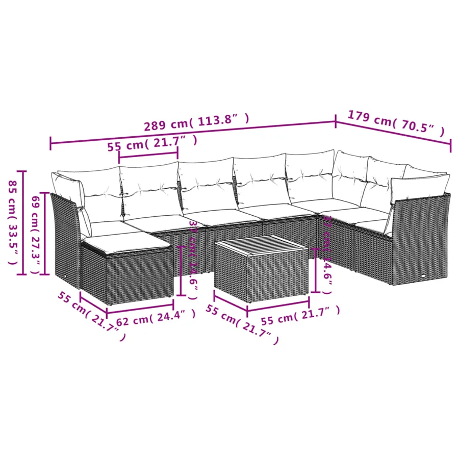 Salon de jardin 9 pcs avec coussins gris résine tressée - 3