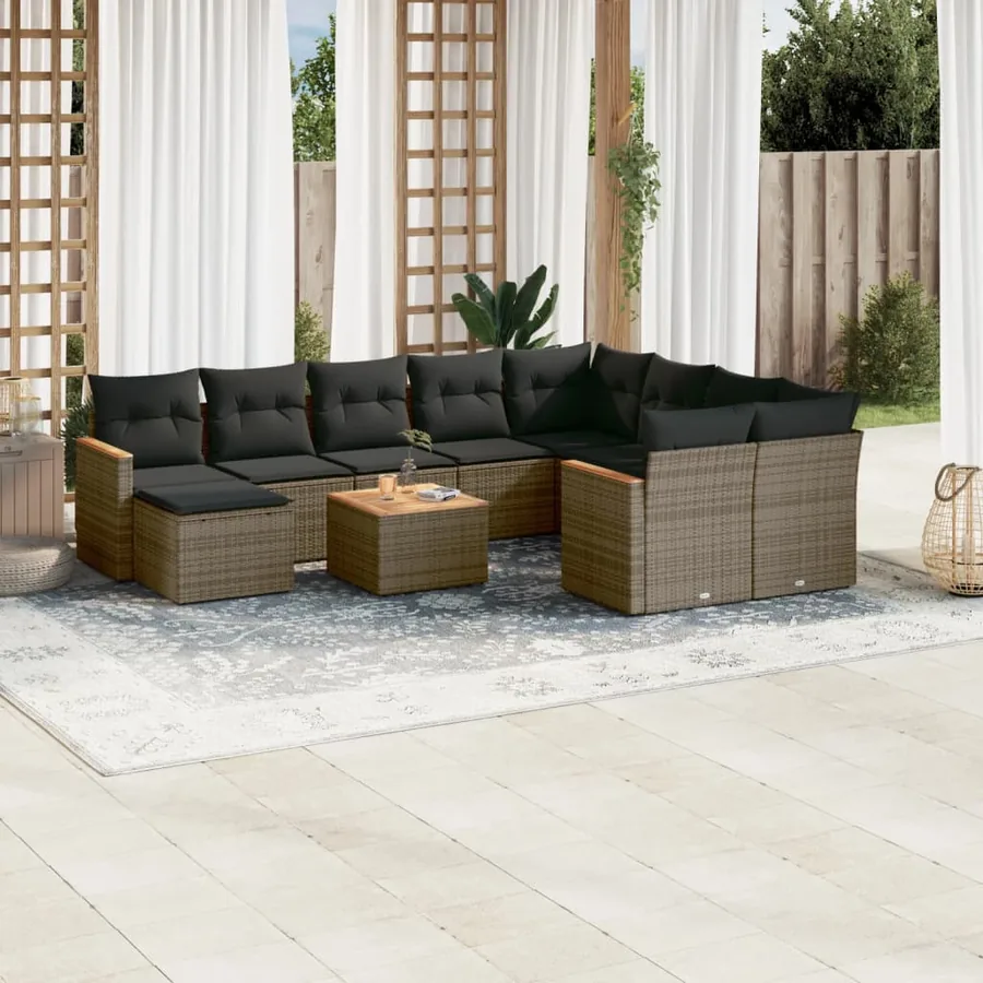 Salon de jardin 11 pcs avec coussins gris résine tressée