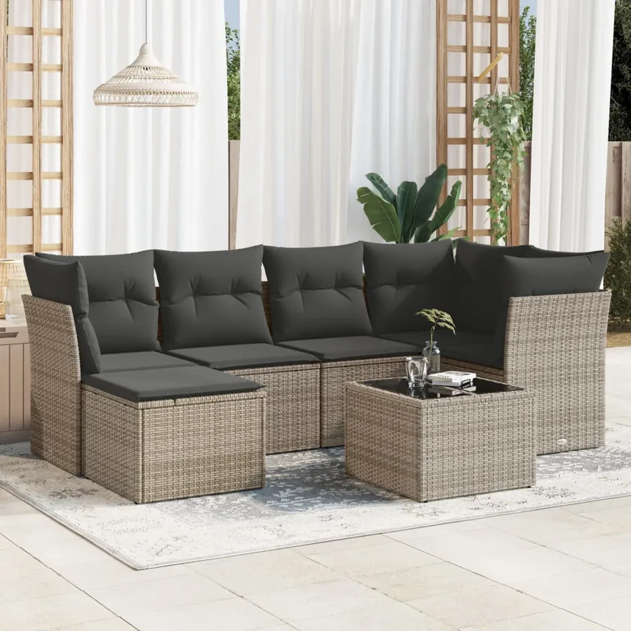 Salon de jardin avec coussins 7 pcs gris résine tressée