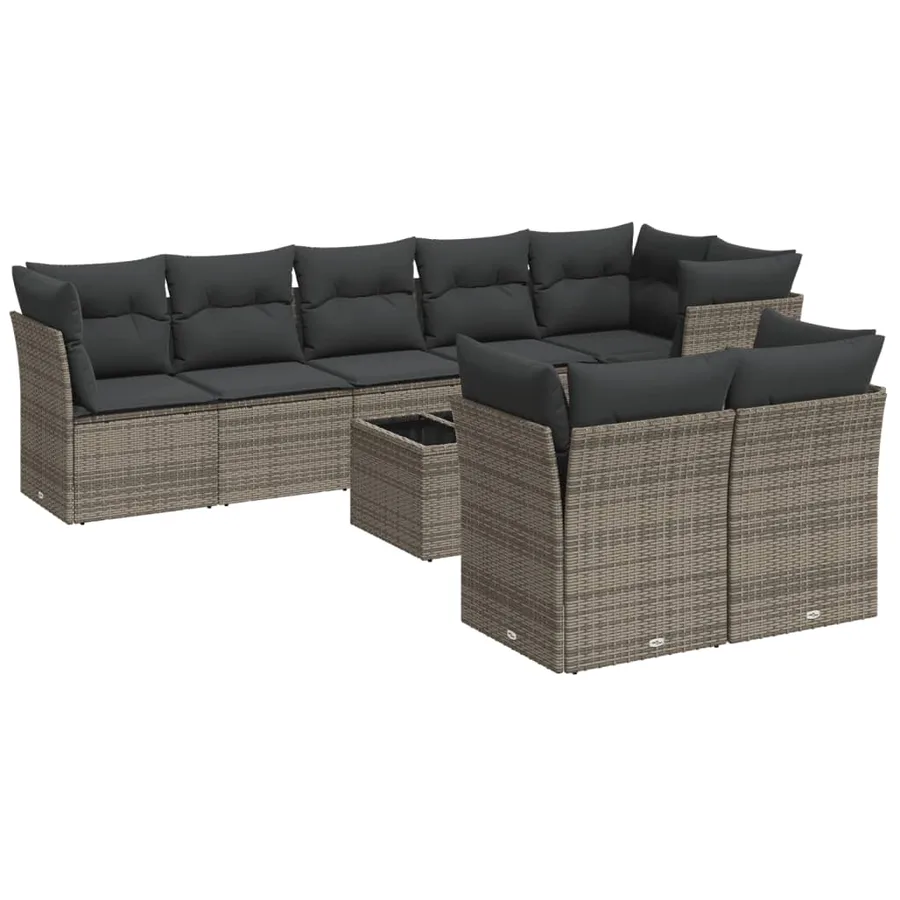 Salon de jardin 9 pcs avec coussins gris résine tressée - 2