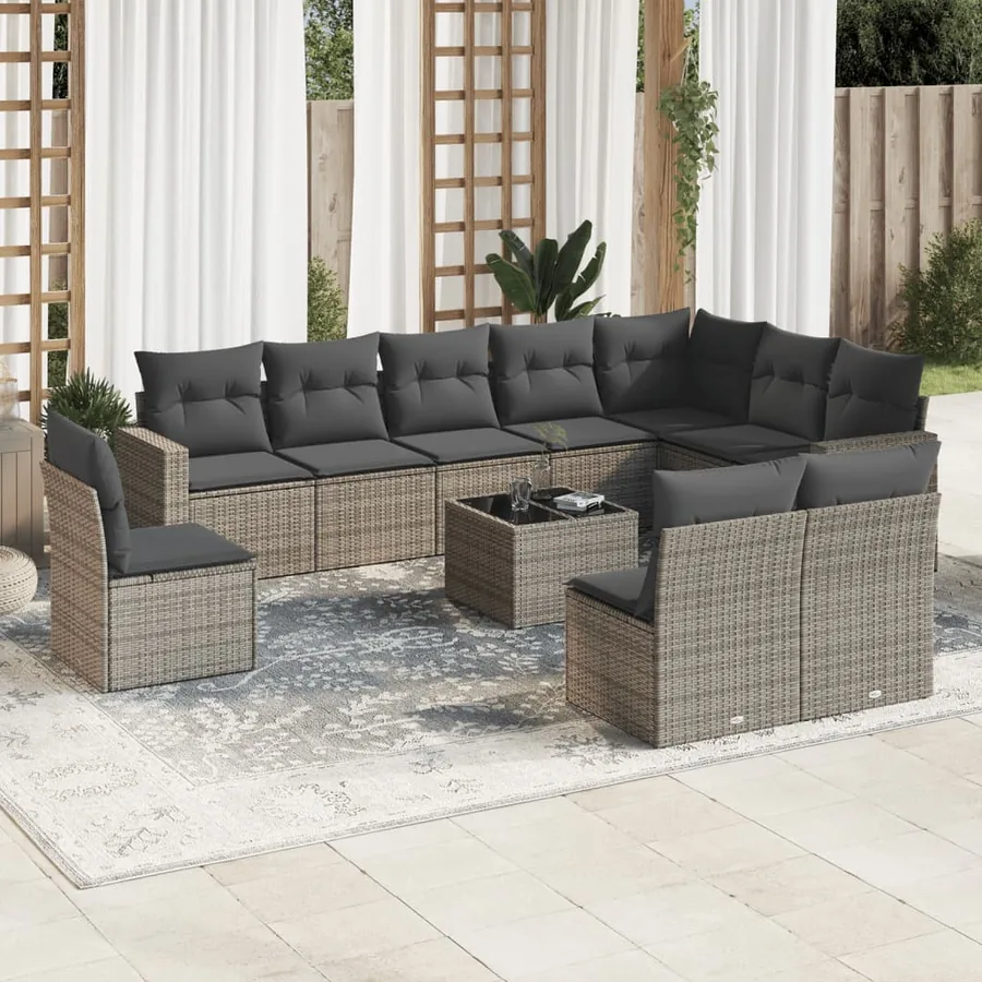 Salon de jardin 11 pcs avec coussins gris résine tressée