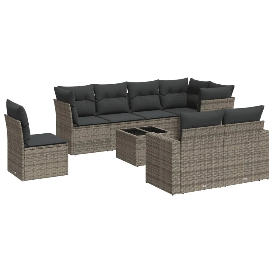 Salon de jardin 9 pcs avec coussins gris résine tressée - 2