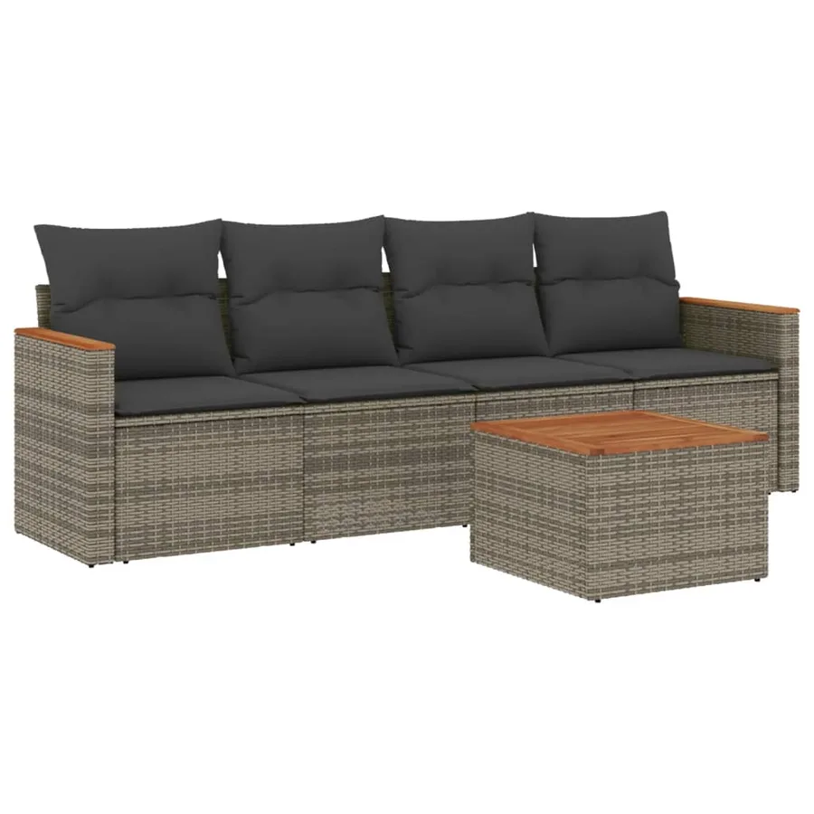 Salon de jardin 5 pcs avec coussins gris résine tressée - 2