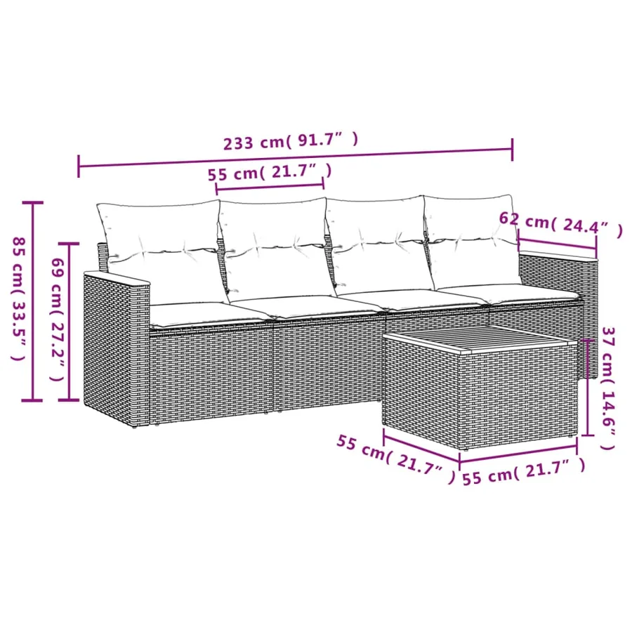 Salon de jardin 5 pcs avec coussins gris résine tressée - 3
