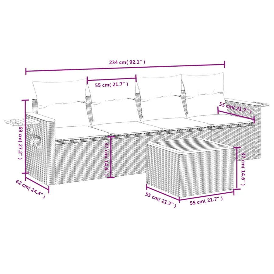 Salon de jardin 5 pcs avec coussins gris résine tressée - 3