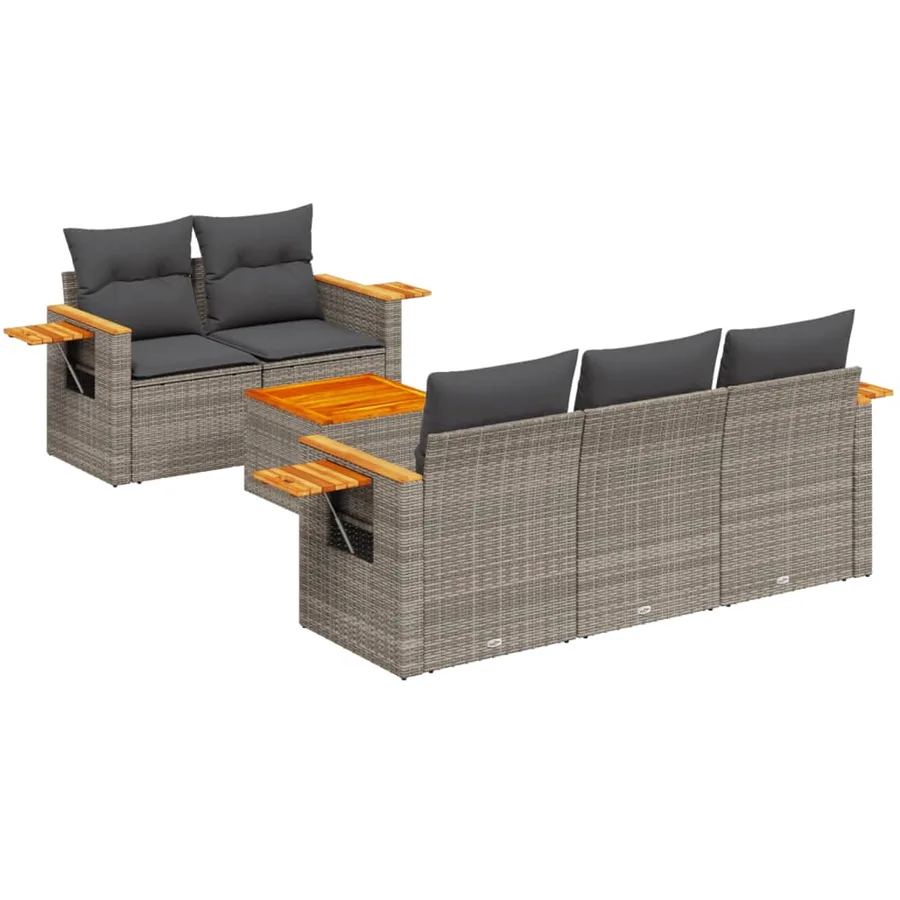 Salon de jardin 6 pcs avec coussins gris résine tressée - 2