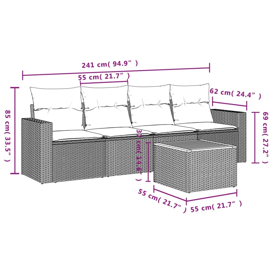 Salon de jardin 5 pcs avec coussins gris résine tressée - 10