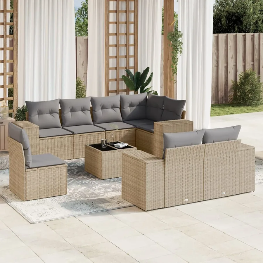 Salon de jardin avec coussins 9 pcs beige résine tressée
