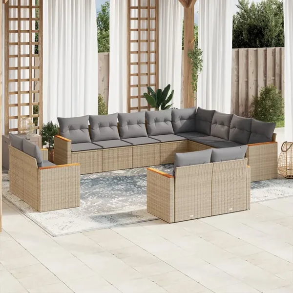 Salon de jardin avec coussins 12 pcs beige résine tressée