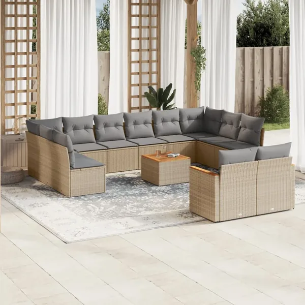 Salon de jardin avec coussins 13 pcs beige résine tressée