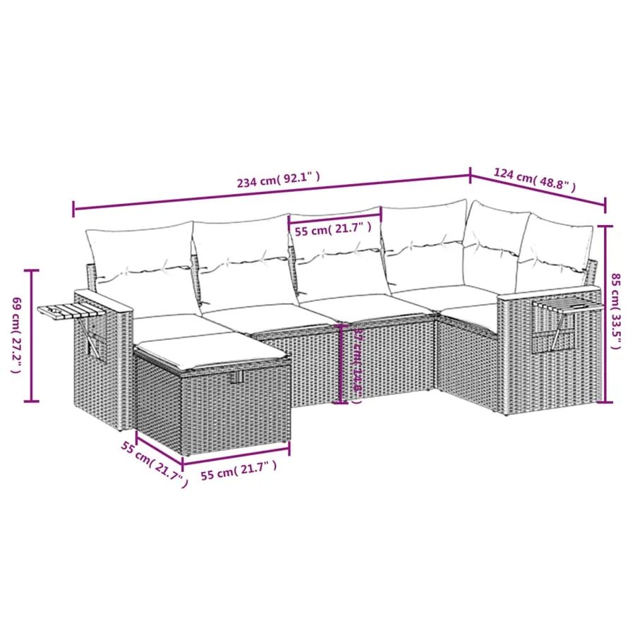 Salon de jardin 6 pcs avec coussins gris résine tressée - 4