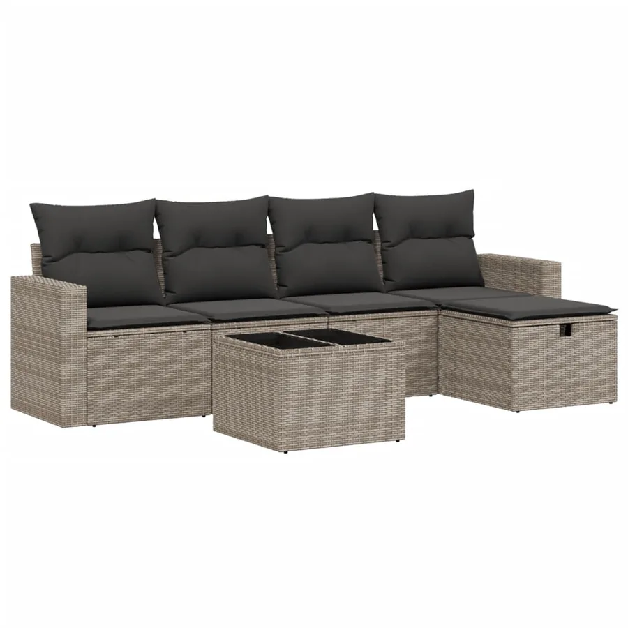 Salon de jardin 6 pcs avec coussins gris résine tressée - 2