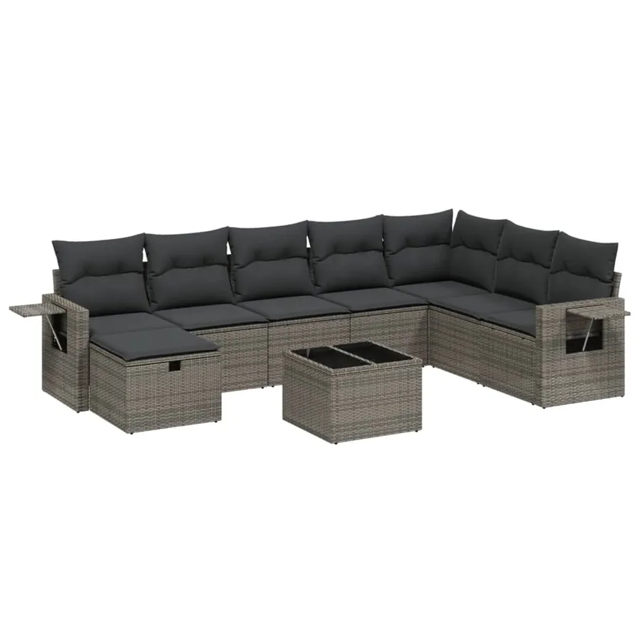 Salon de jardin 9 pcs avec coussins gris résine tressée - 2