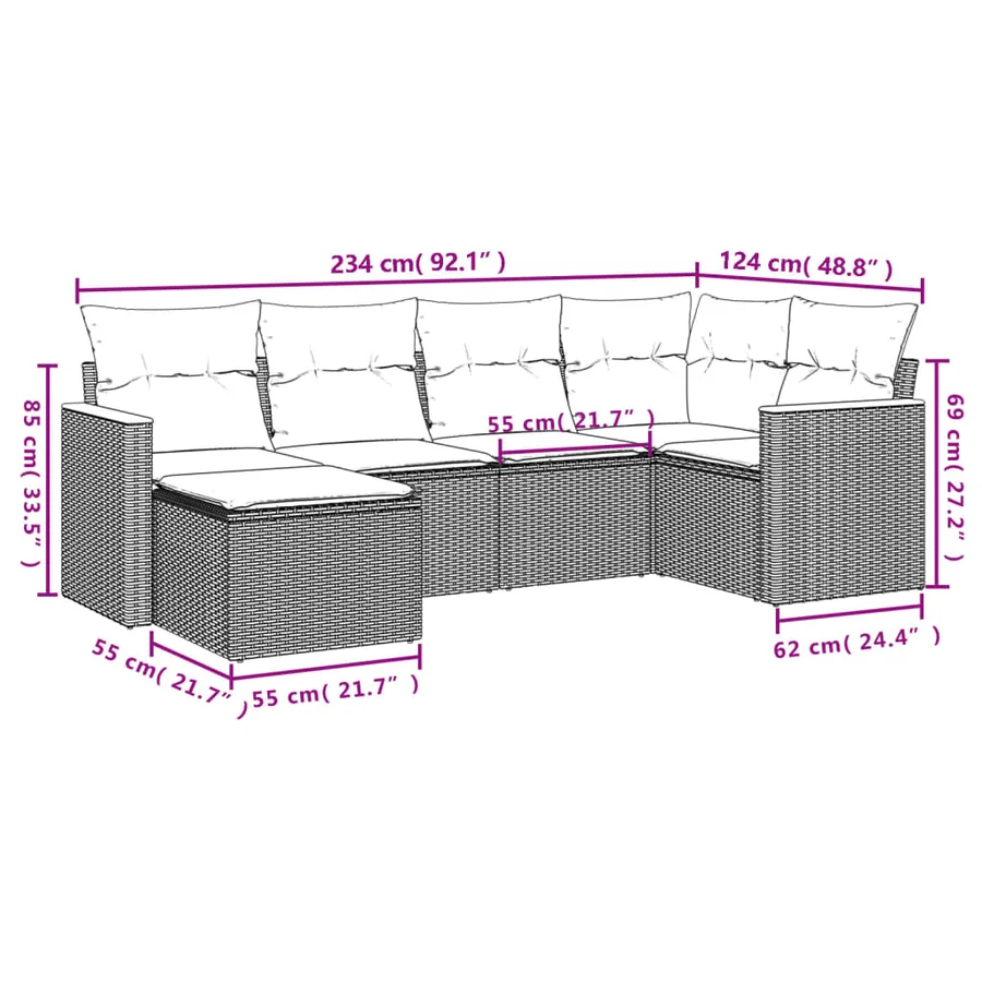 Salon de jardin 6 pcs avec coussins noir résine tressée - 3