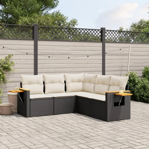 Salon de jardin 5 pcs avec coussins noir résine tressée