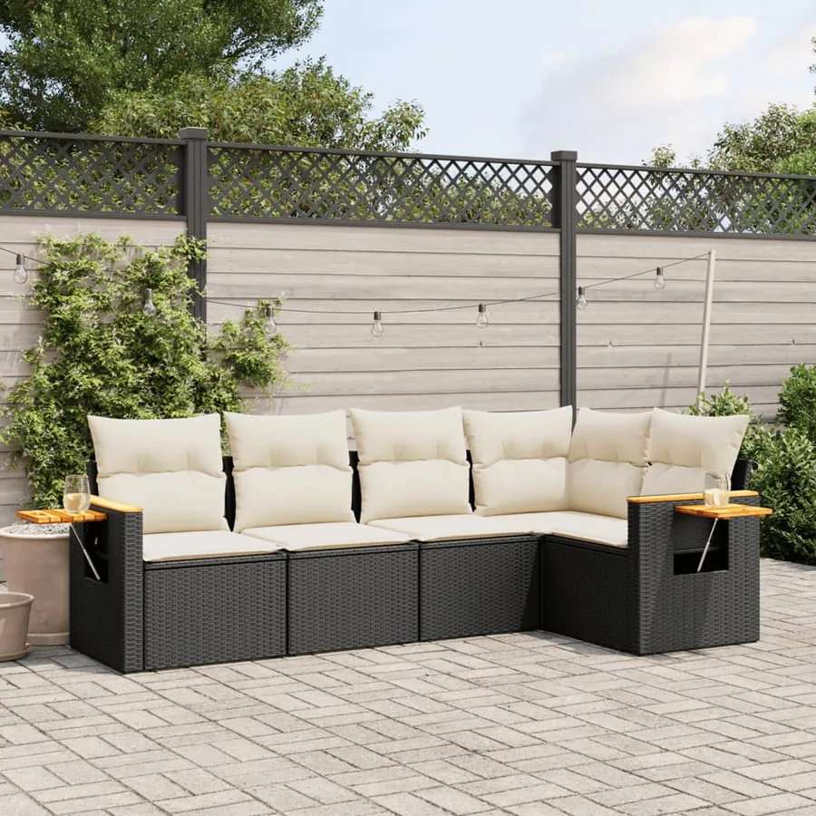 Salon de jardin 5 pcs avec coussins noir résine tressée
