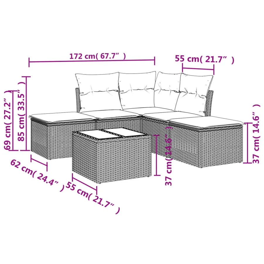 Salon de jardin 6 pcs avec coussins noir résine tressée - 3