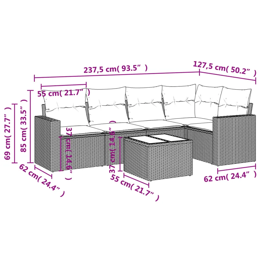 Salon de jardin 6 pcs avec coussins noir résine tressée - 3