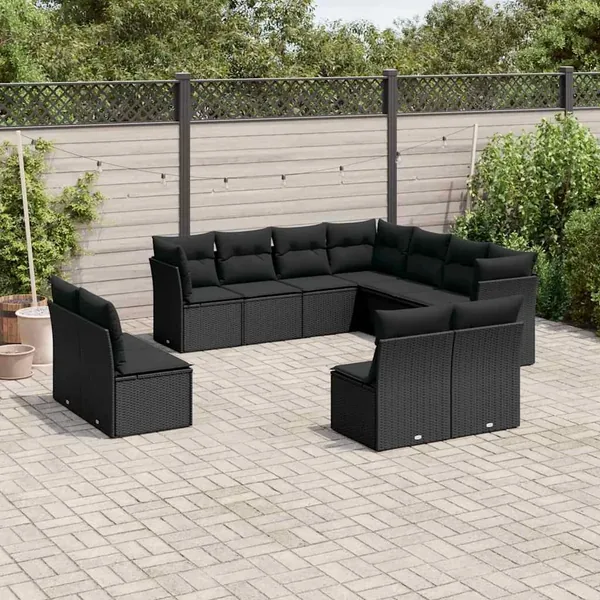 Salon de jardin 11 pcs avec coussins noir résine tressée