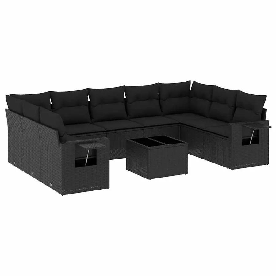 Salon de jardin 10 pcs avec coussins noir résine tressée - 2