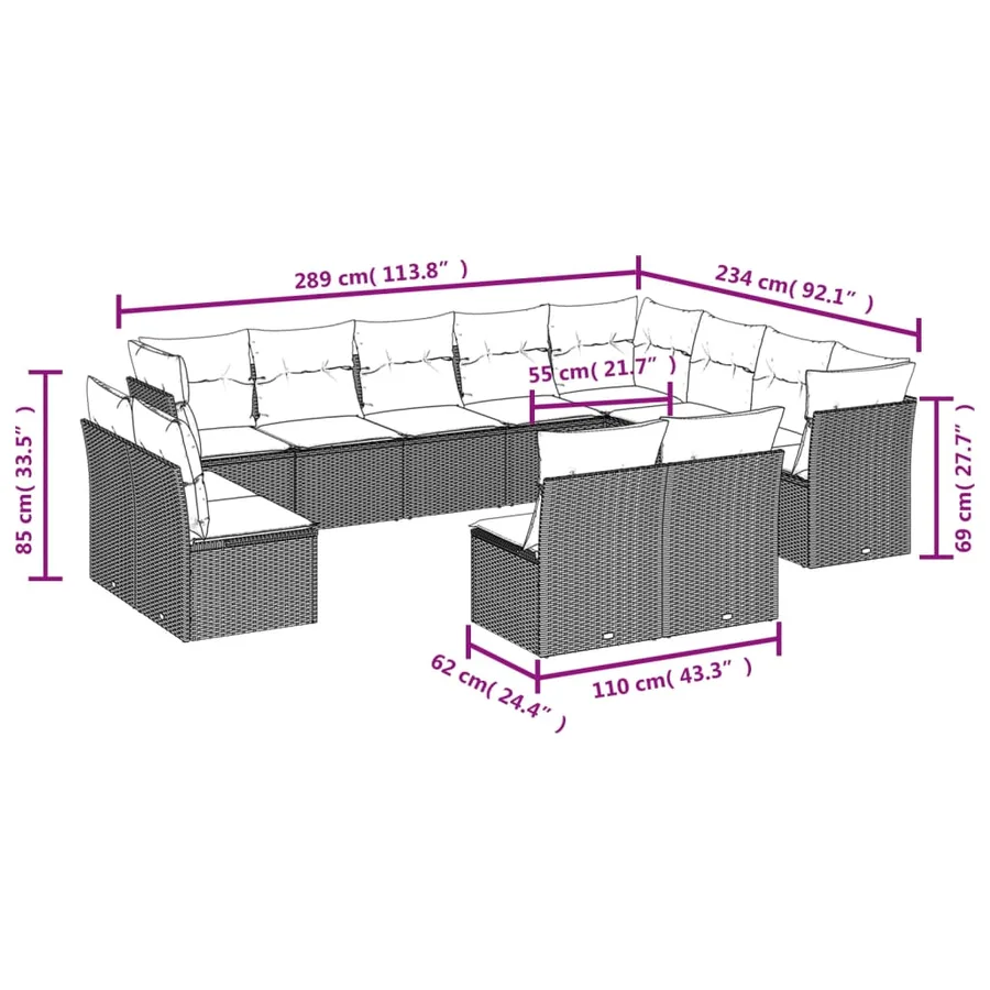 Salon de jardin 12 pcs avec coussins noir résine tressée - 3