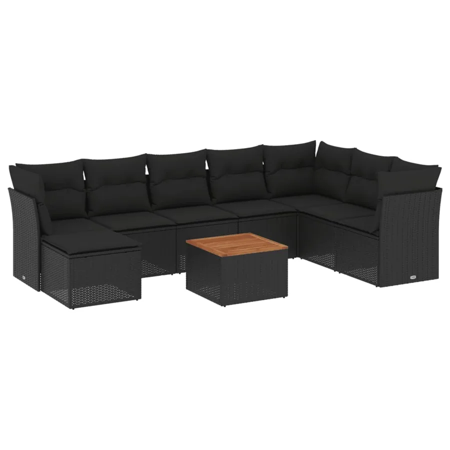 Salon de jardin 9 pcs avec coussins noir résine tressée - 2